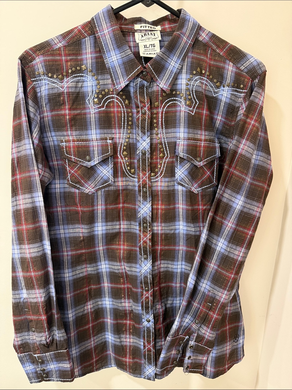 Ariat Brown, Blue & Red Plaid Western Shirt with Stud Accents